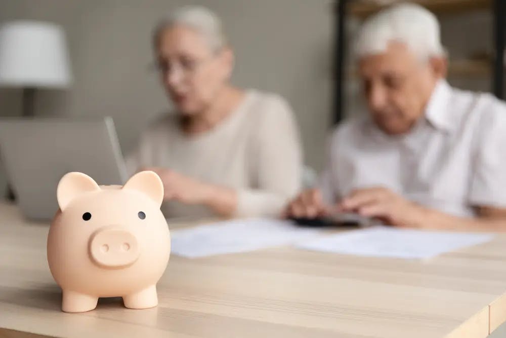 Old couple using a laptop with a piggy bank in the foreground
