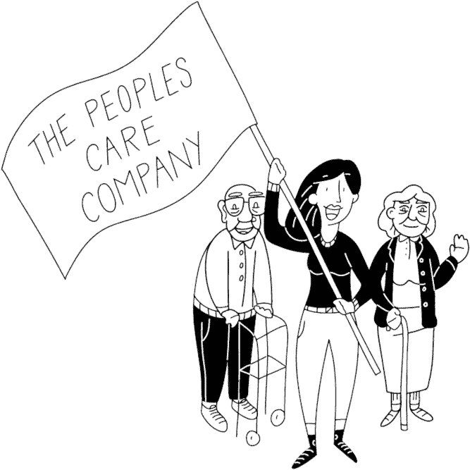 A cartoon of a group of elderly people walking with one of them holding a sign that says The People's Care Company