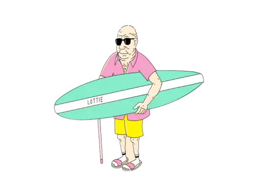 A drawing of an elderly man with a waking cane holding a surfing board