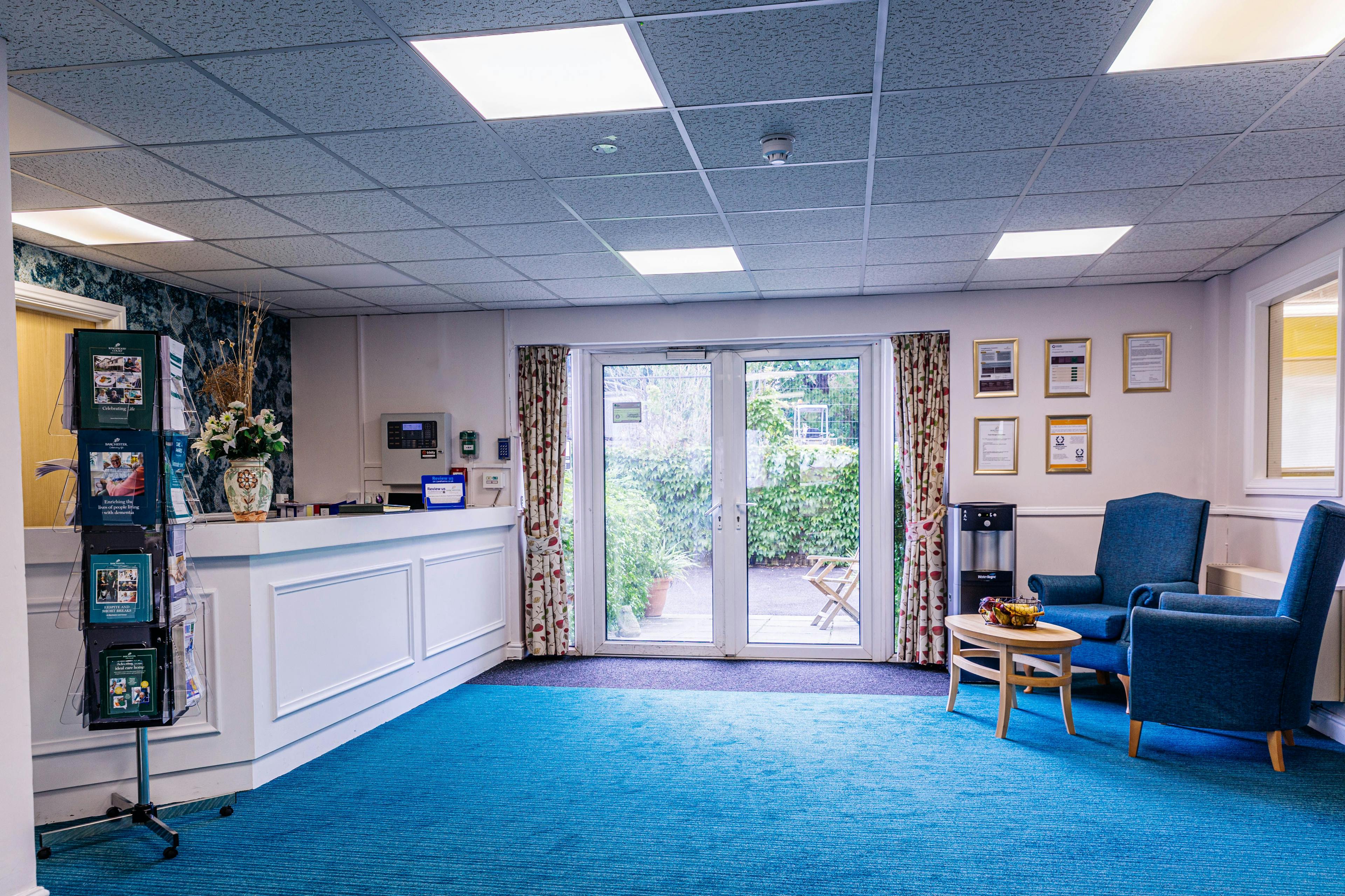 Reception of Kingswood Court Care Home in Bristol, South West England