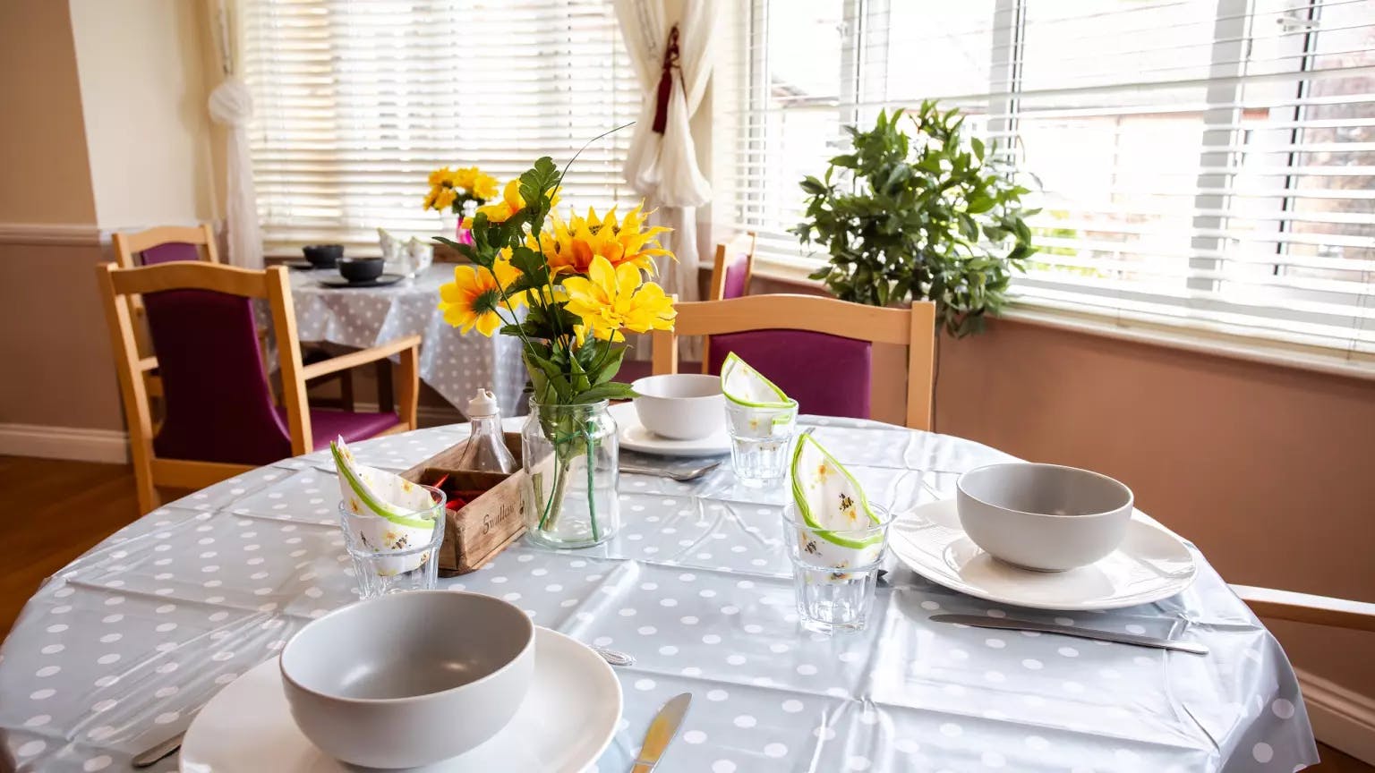 Dining room of Fosse House care home in St Albans, Hertfordshire