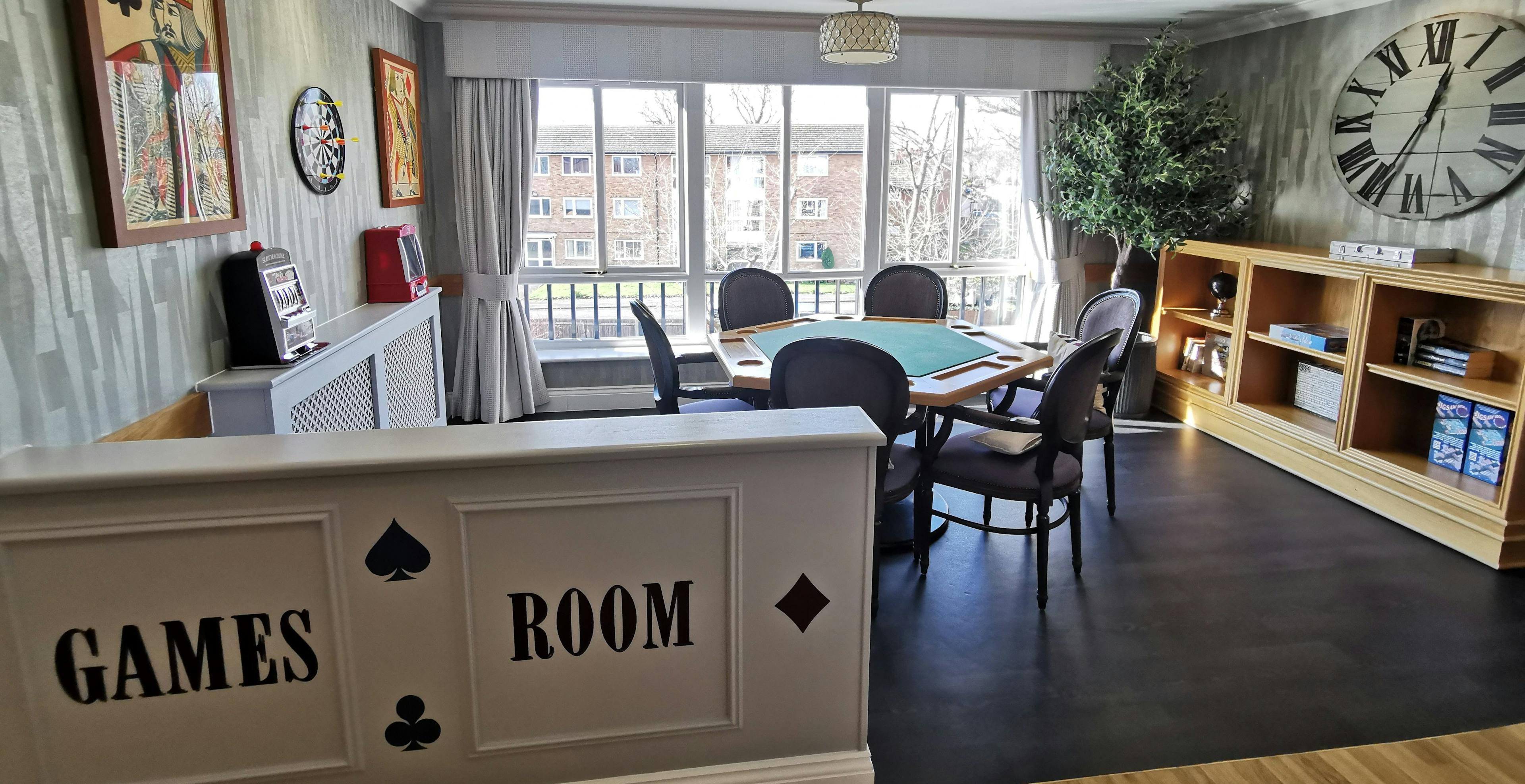 Games room of Cuffley Manor care home in Potters Bar, Hertfordshire