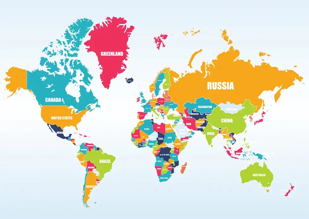 Map of the world with countries labelled