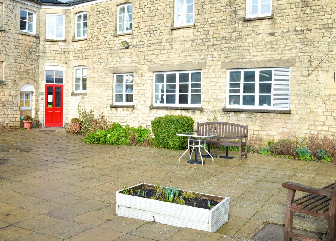 Courtyard of Northleach Court care home in Cheltenham, Gloucestershire