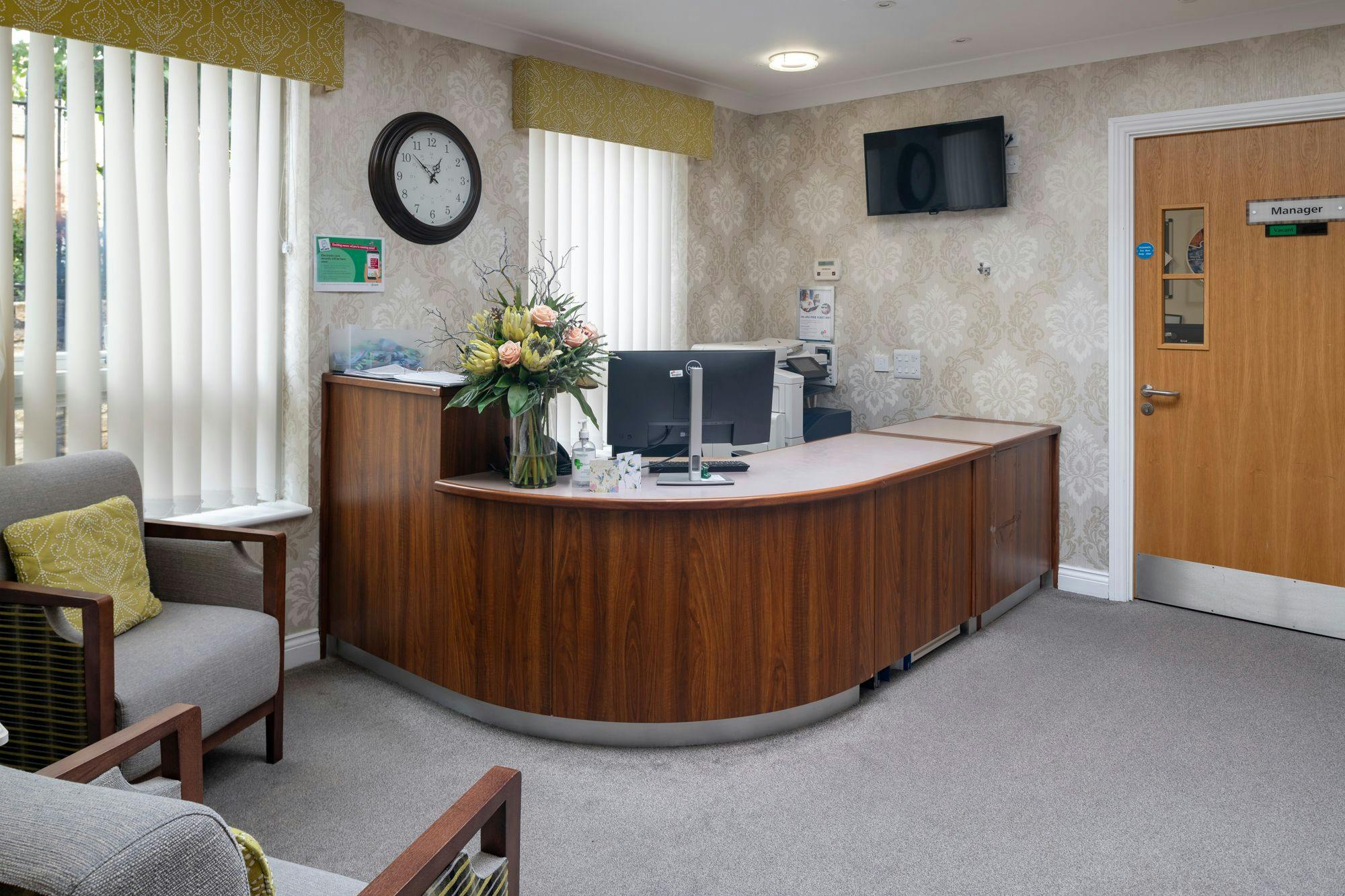 Front desk at Edwardstow Court Care Home in Stow-on-the-Wold, Cotswold