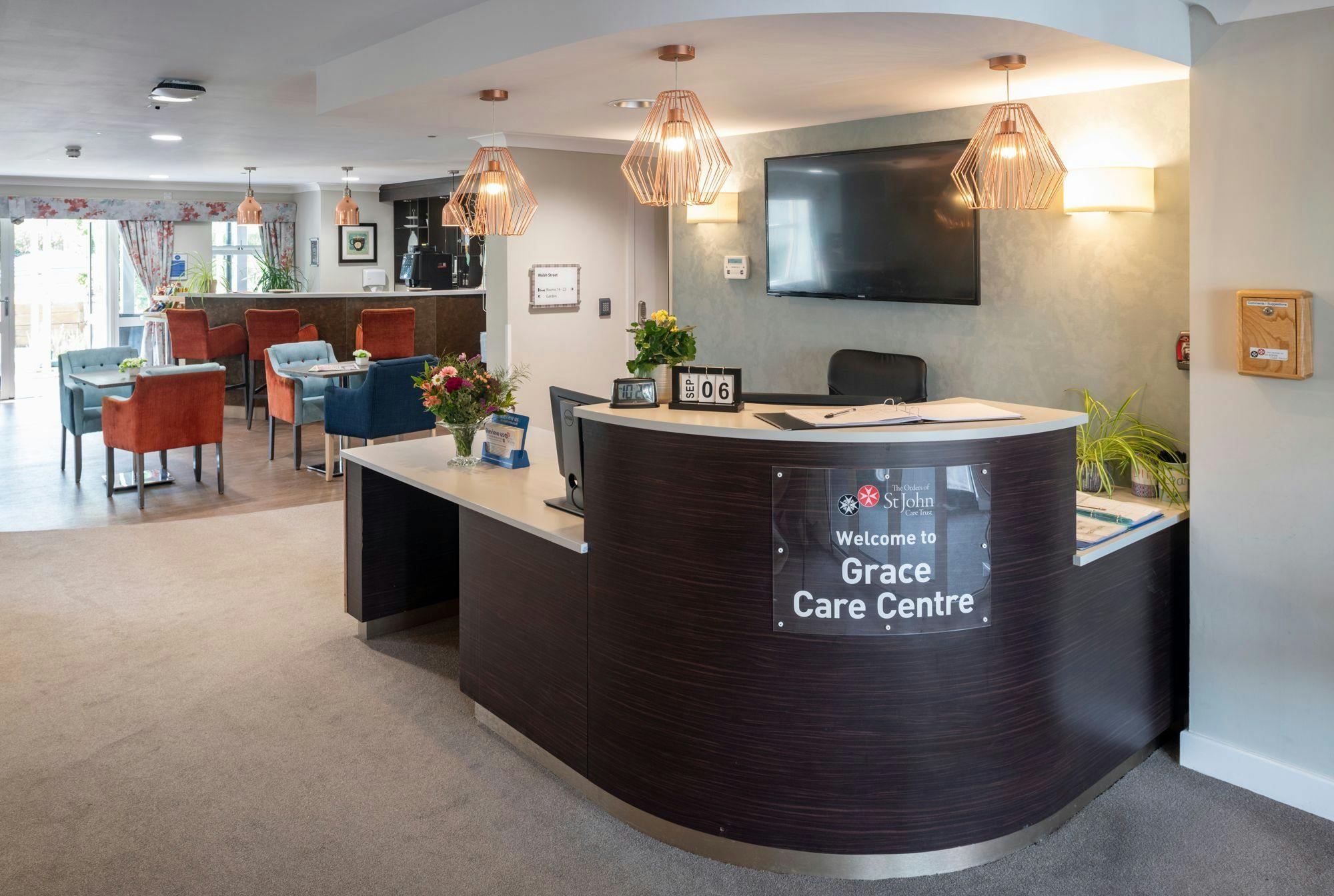 Front desk at Grace Care Home in Thornbury, South Gloucestershire