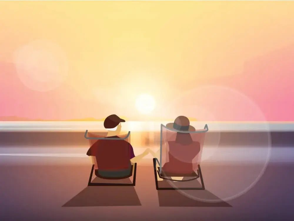Older man and woman relaxing on a beach graphic
