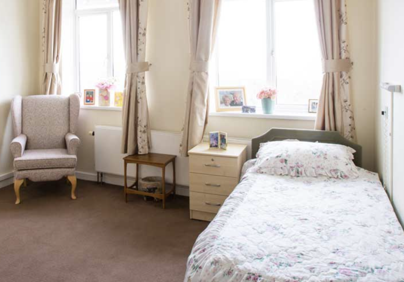 Bedroom of Brynfield Manor care home in Swansea, Wales