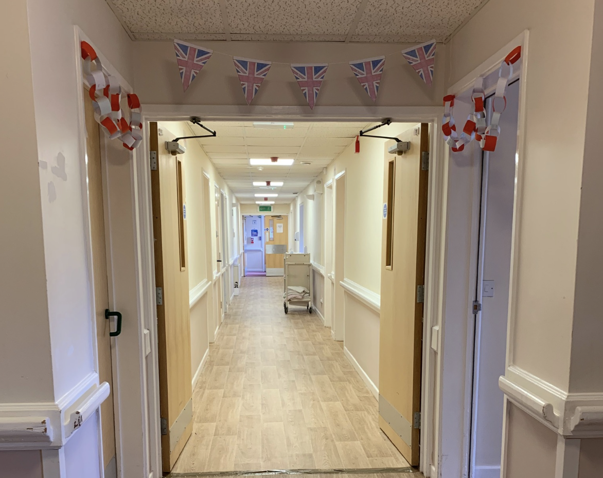 Hallway of Ty Eirin care home in Porth, Wales