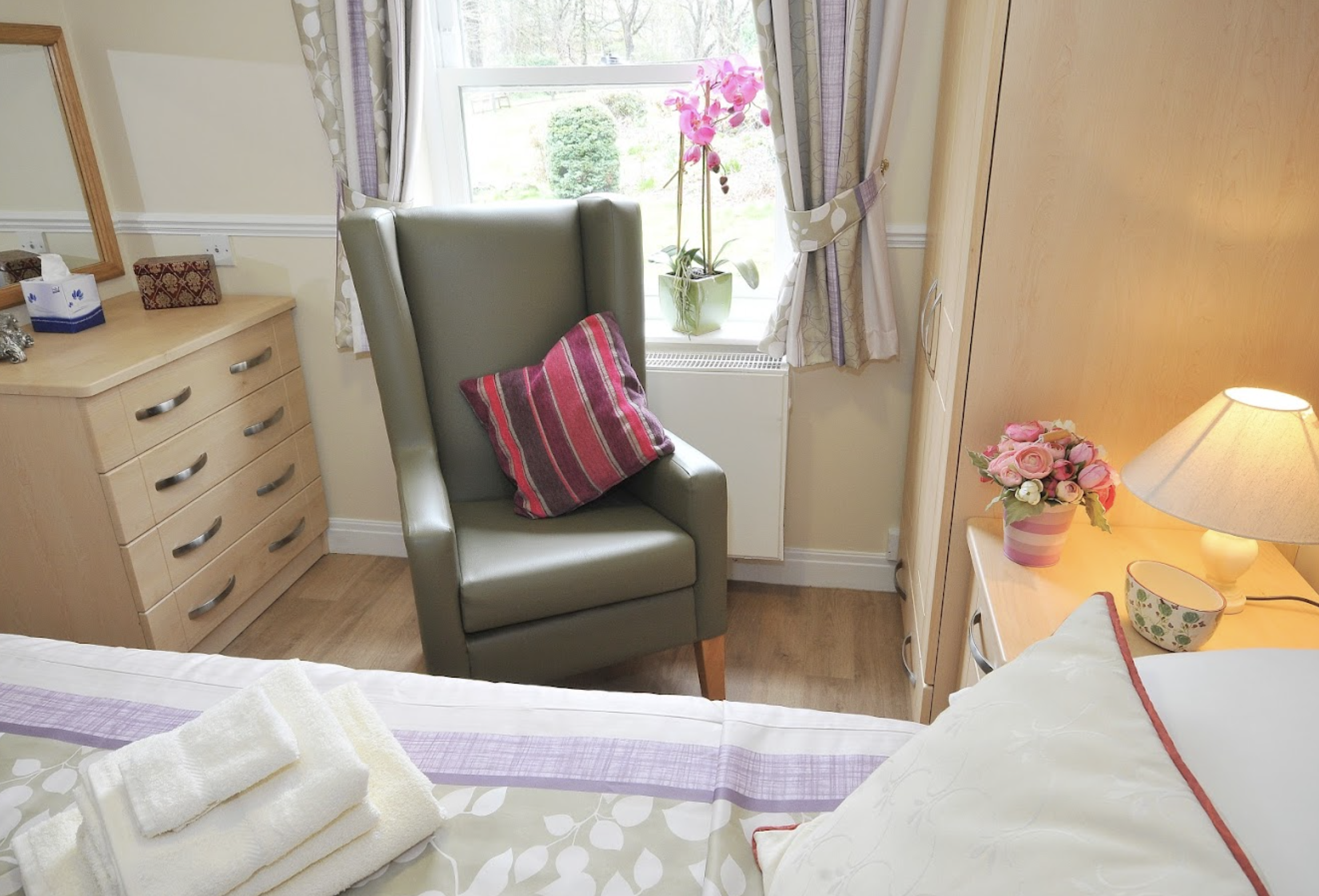 Bedroom of Cleveland House care home in Huddersfield, West Yorkshire