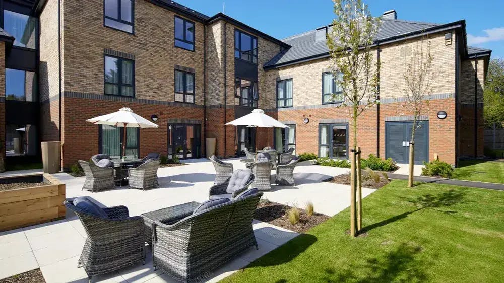 Squires Mews care home exterior and garden